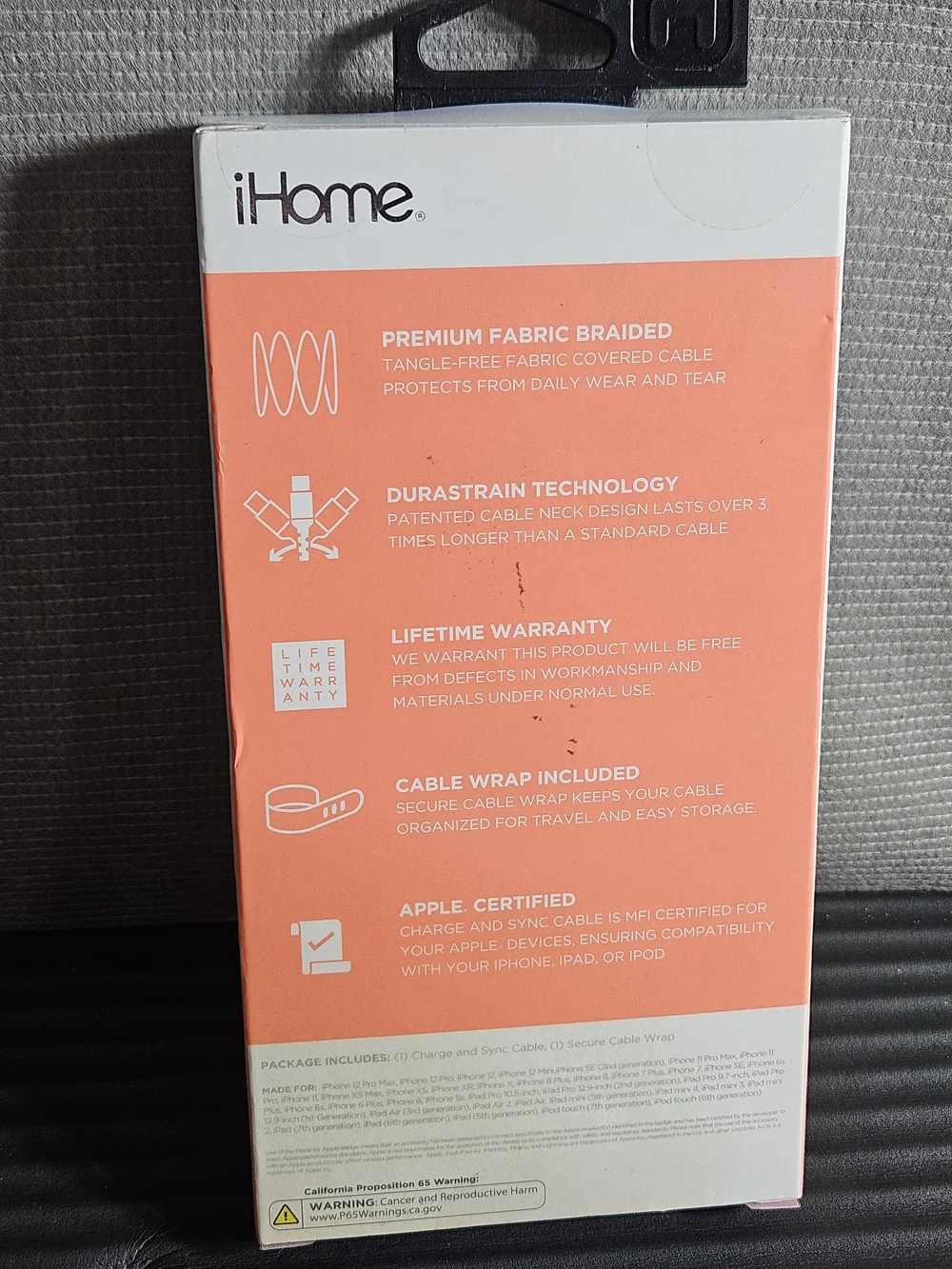 iHome 6ft Braided USB-C Charging & Sync Cable Orange Peach Fabric Braided IPhone